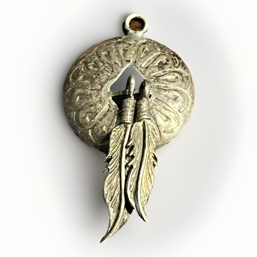 Native American Navajo Sterling Silver Running Bear RB Pendant Feather Concho
